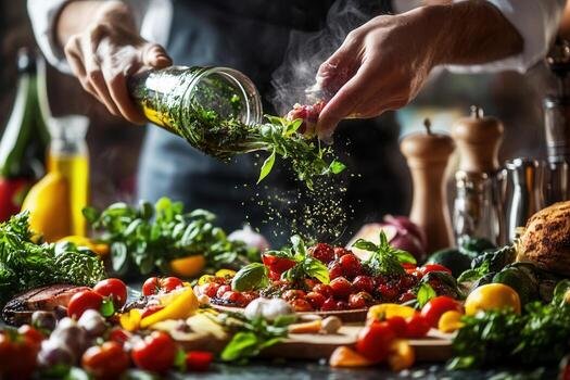 chef preparing fresh herbs and vegetables for a dish photo Saagar Restaurant